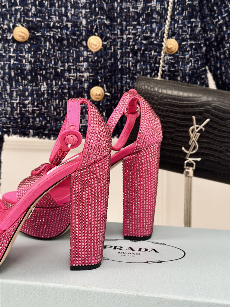 Pra*a fuchsia satin platform sandals with crystal