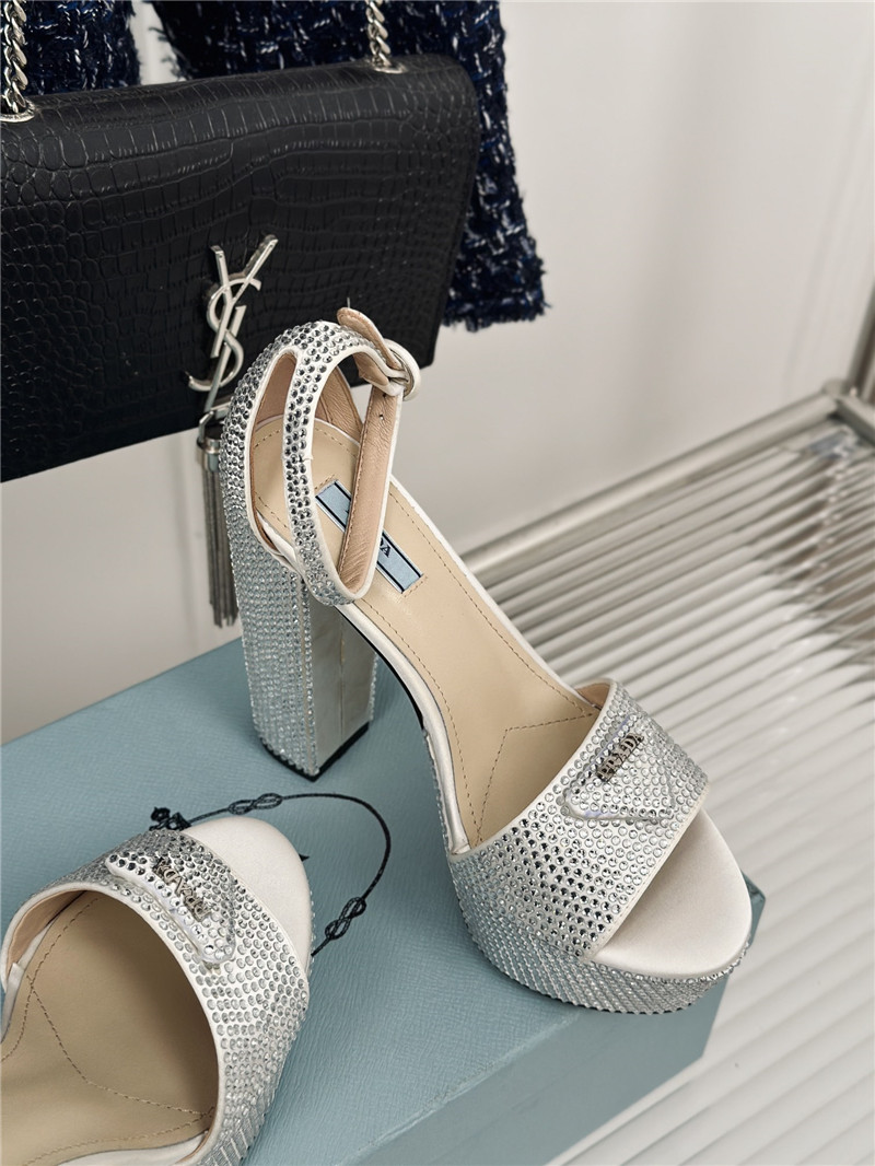 Pra*a silver satin platform sandals with crystal