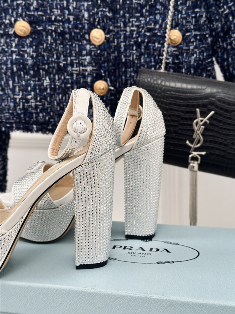 Pra*a silver satin platform sandals with crystal