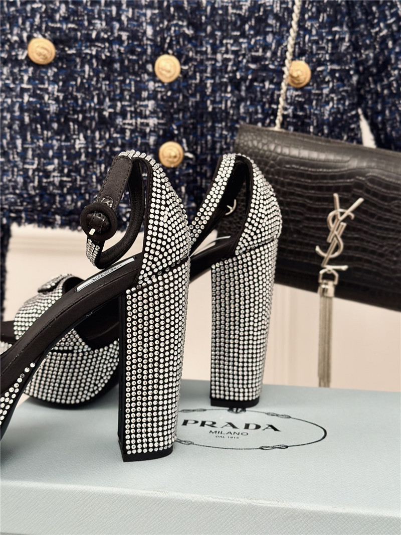 Pra*a black and silver satin platform sandals with crystal