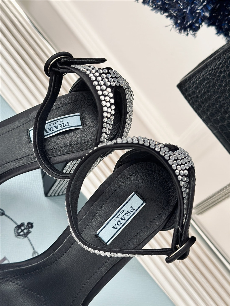 Pra*a black and silver satin platform sandals with crystal