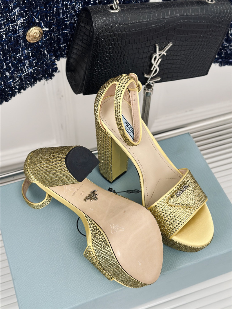 Pra*a gold satin platform sandals with crystal