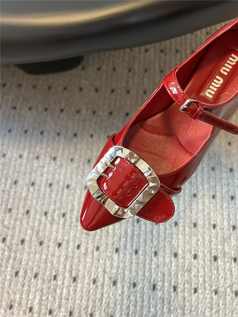 Miu Miu Red Buckle Ankle Strap Pointed Mary Jane Flats