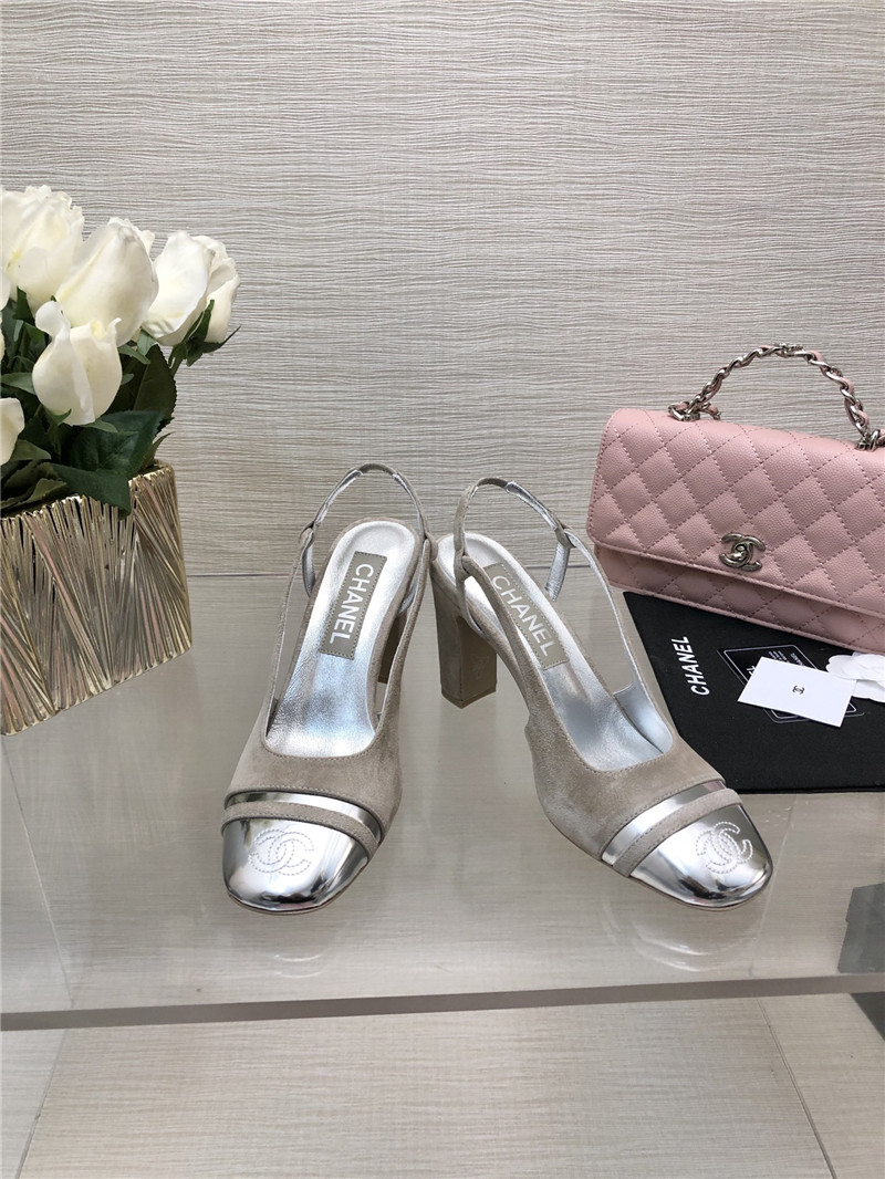 Ch**el grey suede and silver leather slingbacks