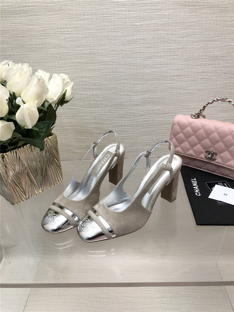 Ch**el grey suede and silver leather slingbacks