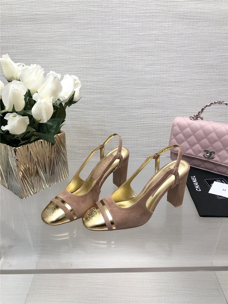 Ch**el pink suede and gold leather slingbacks