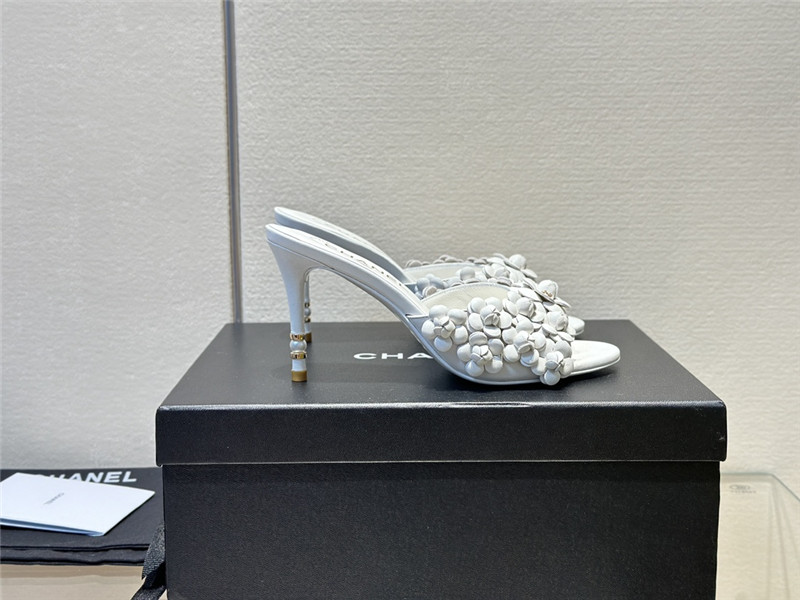 Ch**el camellia heel mules white leather