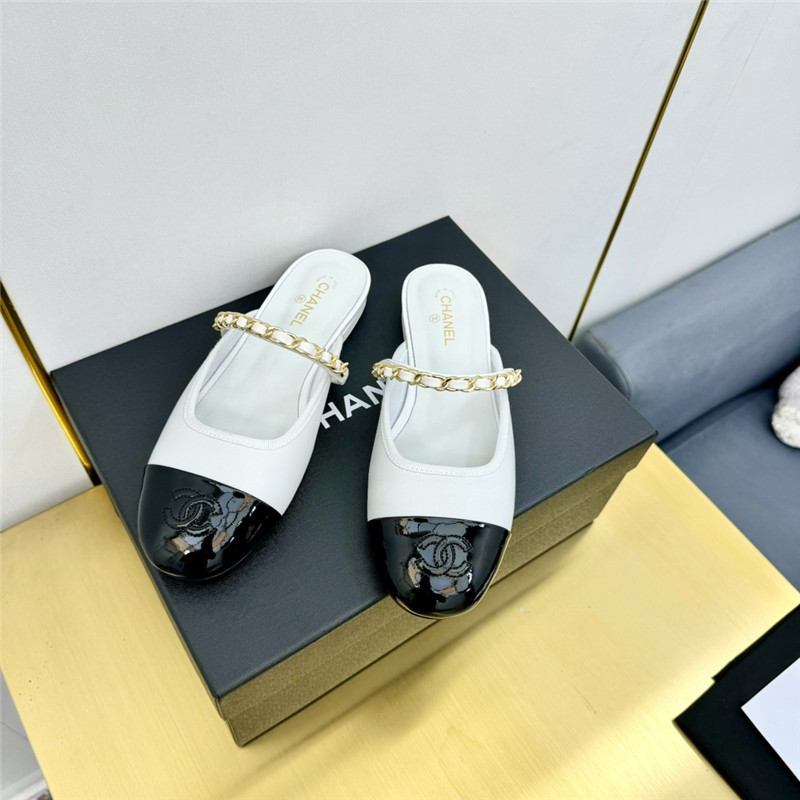 Ch**el mary janes chain flat mules white and black