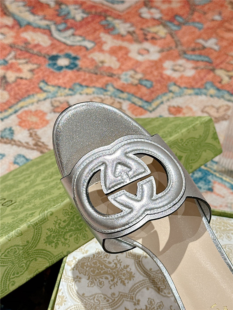 Gvc*1 silver interlocking g mid-heel slide sandals