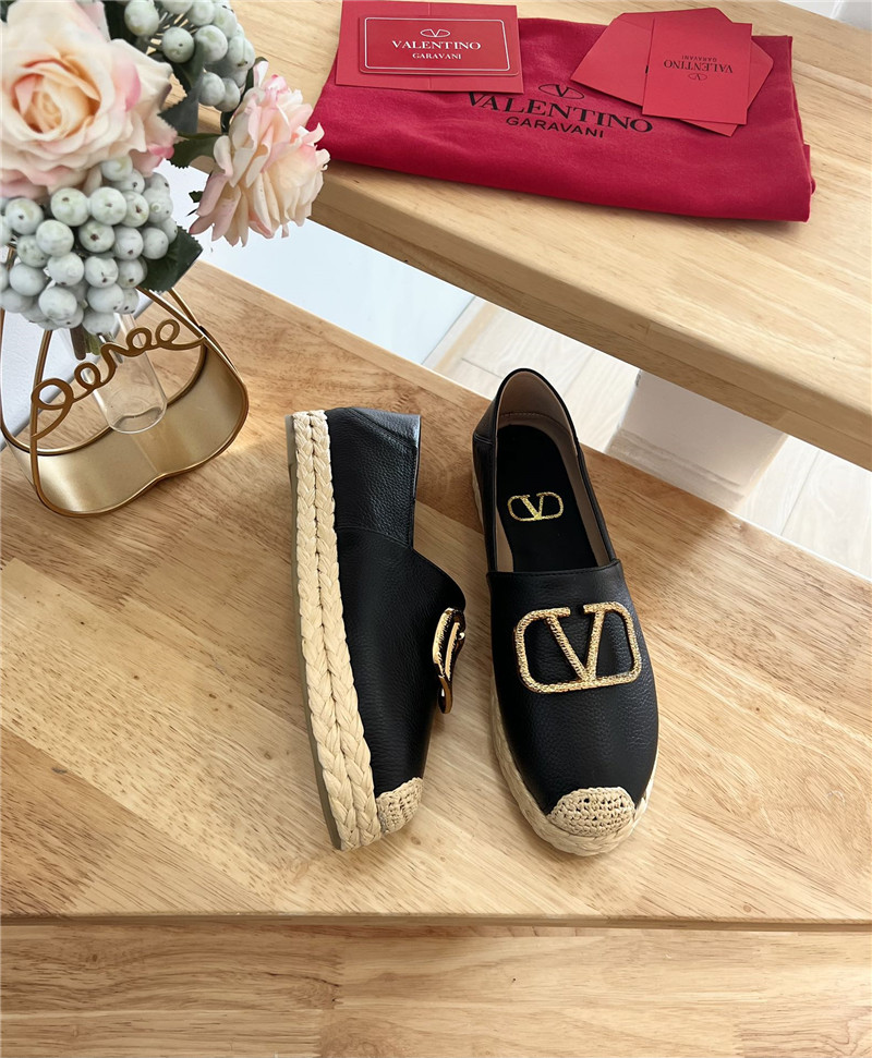 Va1e*ntin0 vlogo calfskin raffia espadrilles gold and black