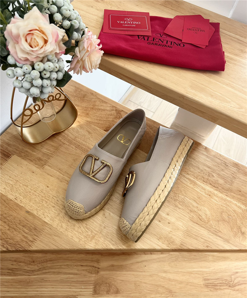 Va1e*ntin0 vlogo calfskin raffia espadrilles gold and grey