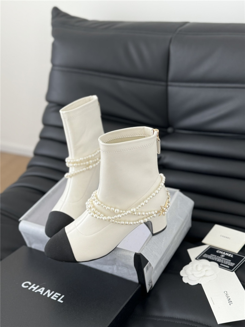 Ch**el white calfskin pearl ankle boots