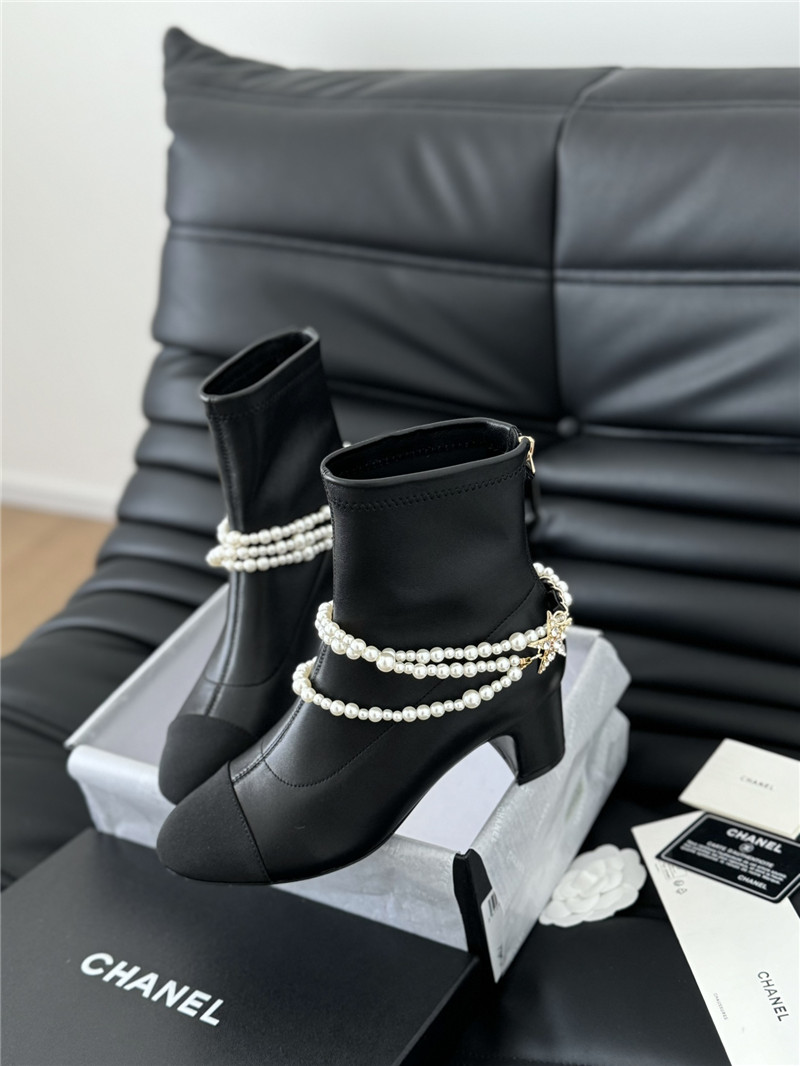 Ch**el black calfskin pearl ankle boots