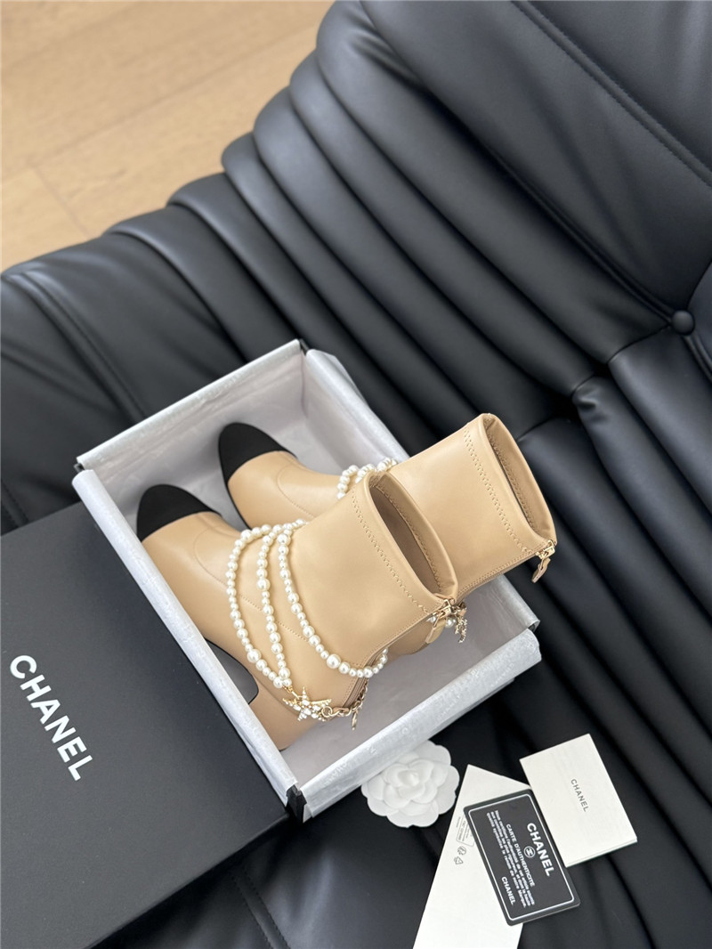 Ch**el beige calfskin pearl ankle boots