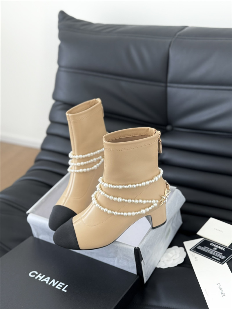 Ch**el beige calfskin pearl ankle boots
