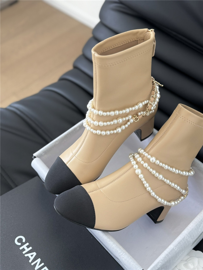 Ch**el beige calfskin pearl ankle boots