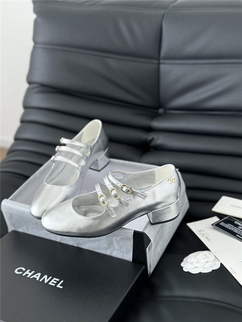 Ch**el silver calfskin 3-strap mary jane shoes