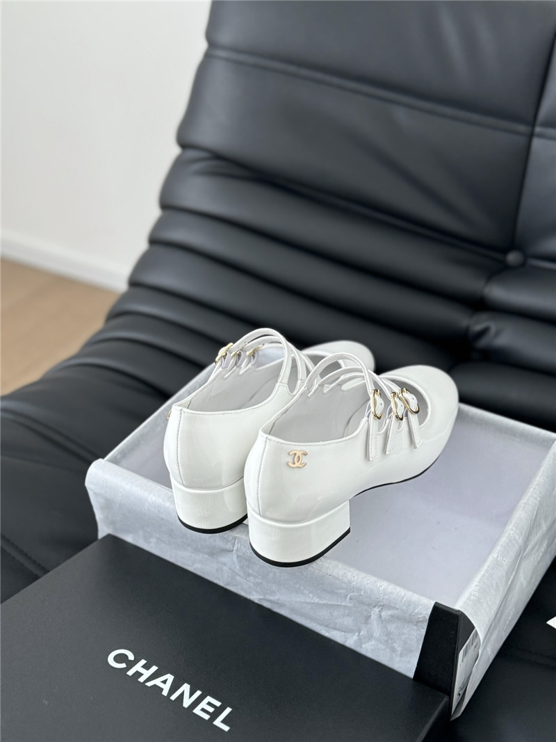 Ch**el white patent leather 3-strap mary jane shoes