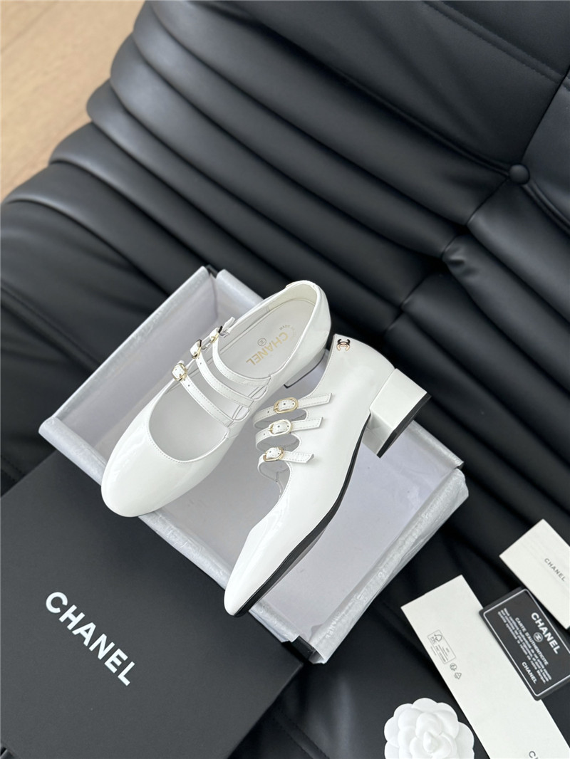 Ch**el white patent leather 3-strap mary jane shoes