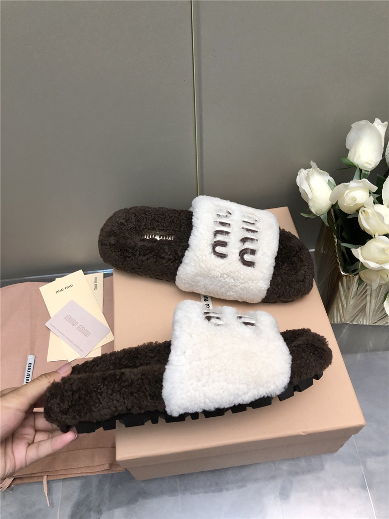 Miu Miu Lettering Logo Shearling Slides White and Brown