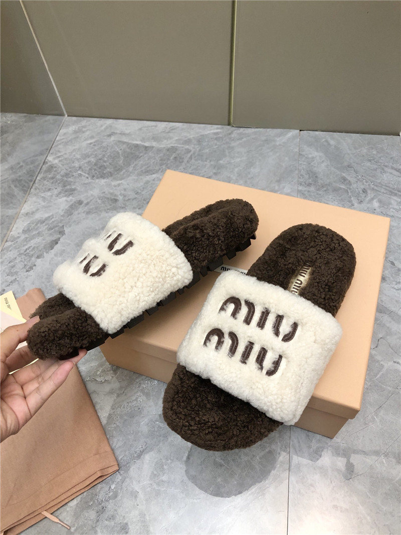 Miu Miu Lettering Logo Shearling Slides White and Brown