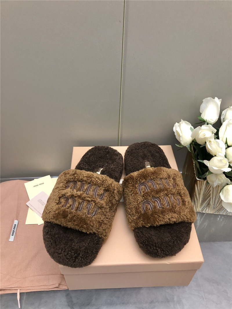 Miu Miu Lettering Logo Shearling Slides Camel and Brown