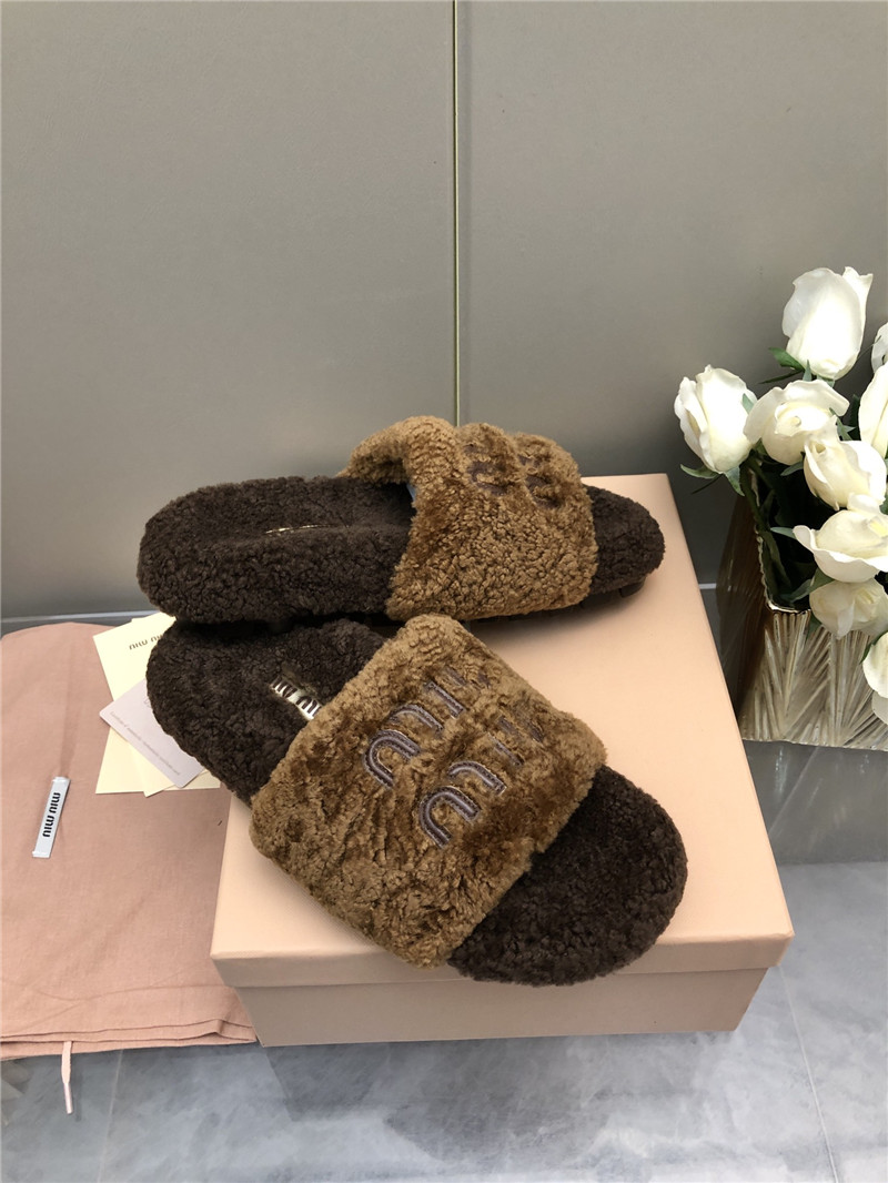 Miu Miu Lettering Logo Shearling Slides Camel and Brown