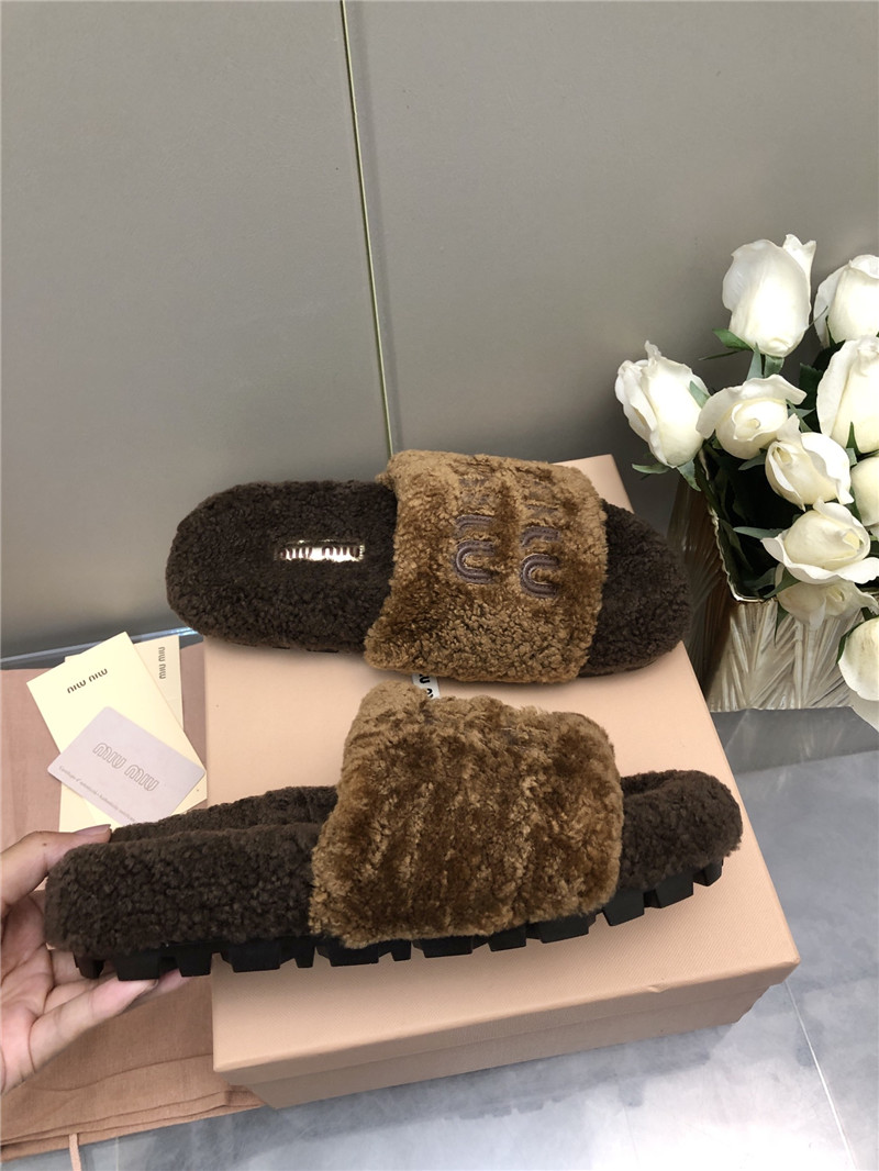 Miu Miu Lettering Logo Shearling Slides Camel and Brown