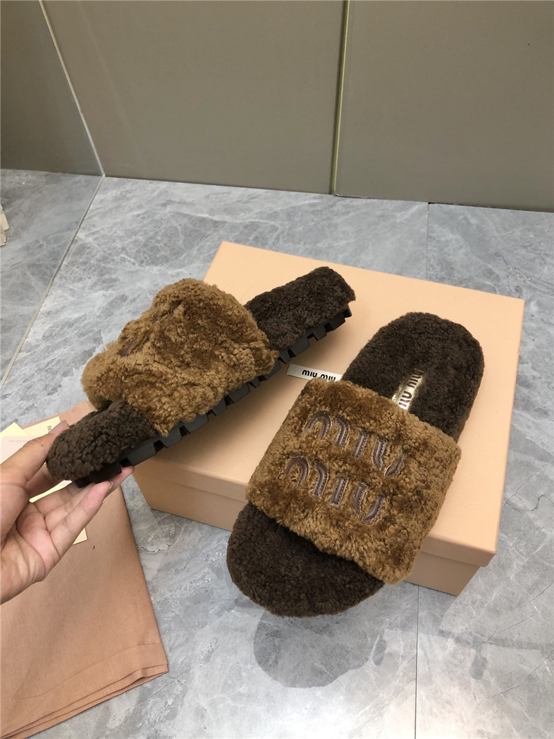 Miu Miu Lettering Logo Shearling Slides Camel and Brown