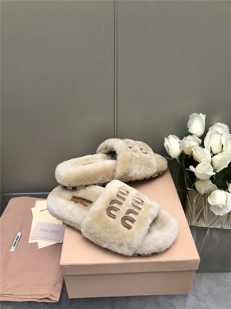 Miu Miu Lettering Logo Shearling Slides Natural