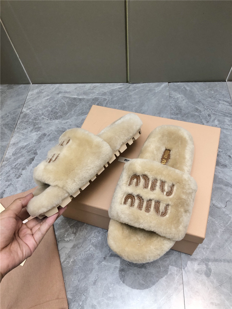 Miu Miu Lettering Logo Shearling Slides Natural