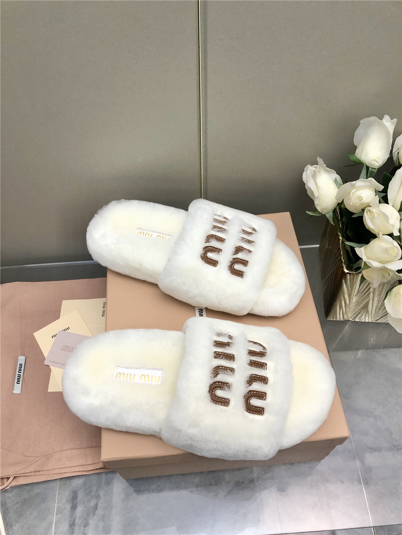 Miu Miu White Lettering Logo Shearling Slides