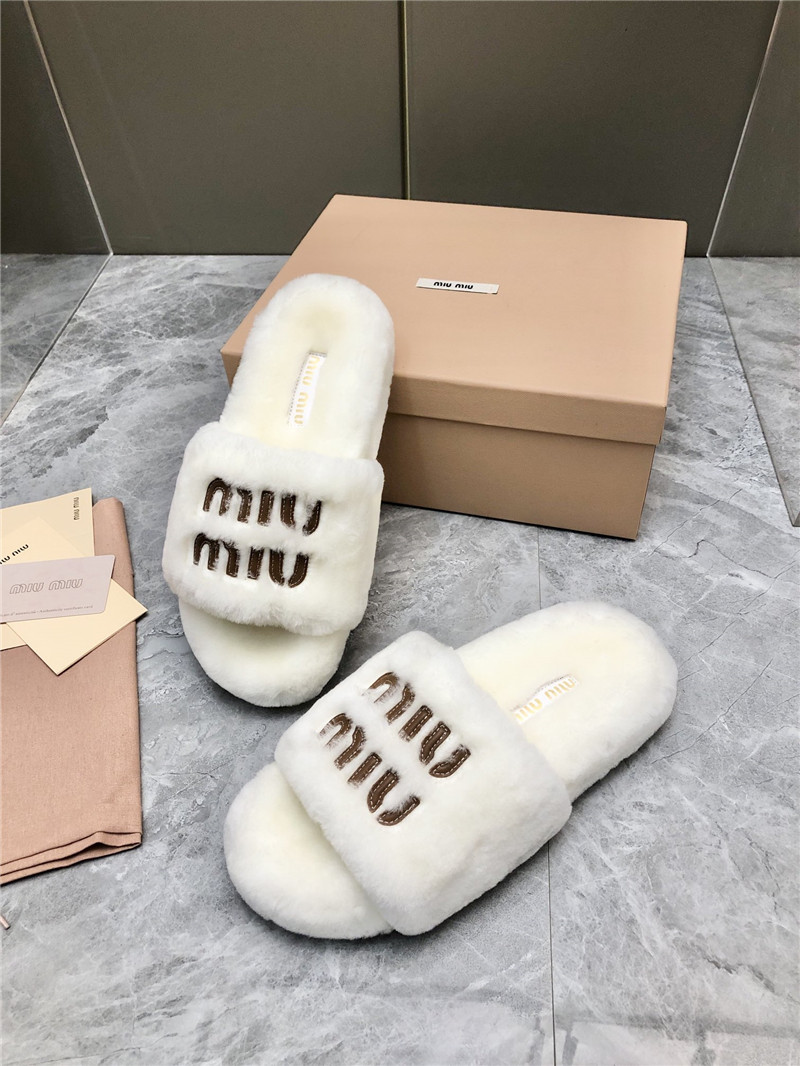 Miu Miu White Lettering Logo Shearling Slides