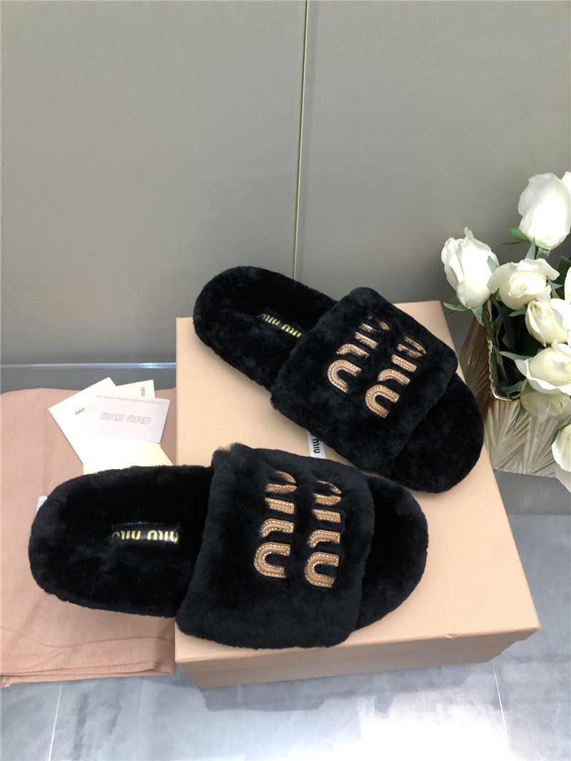 Miu Miu Lettering Logo Shearling Slides Black