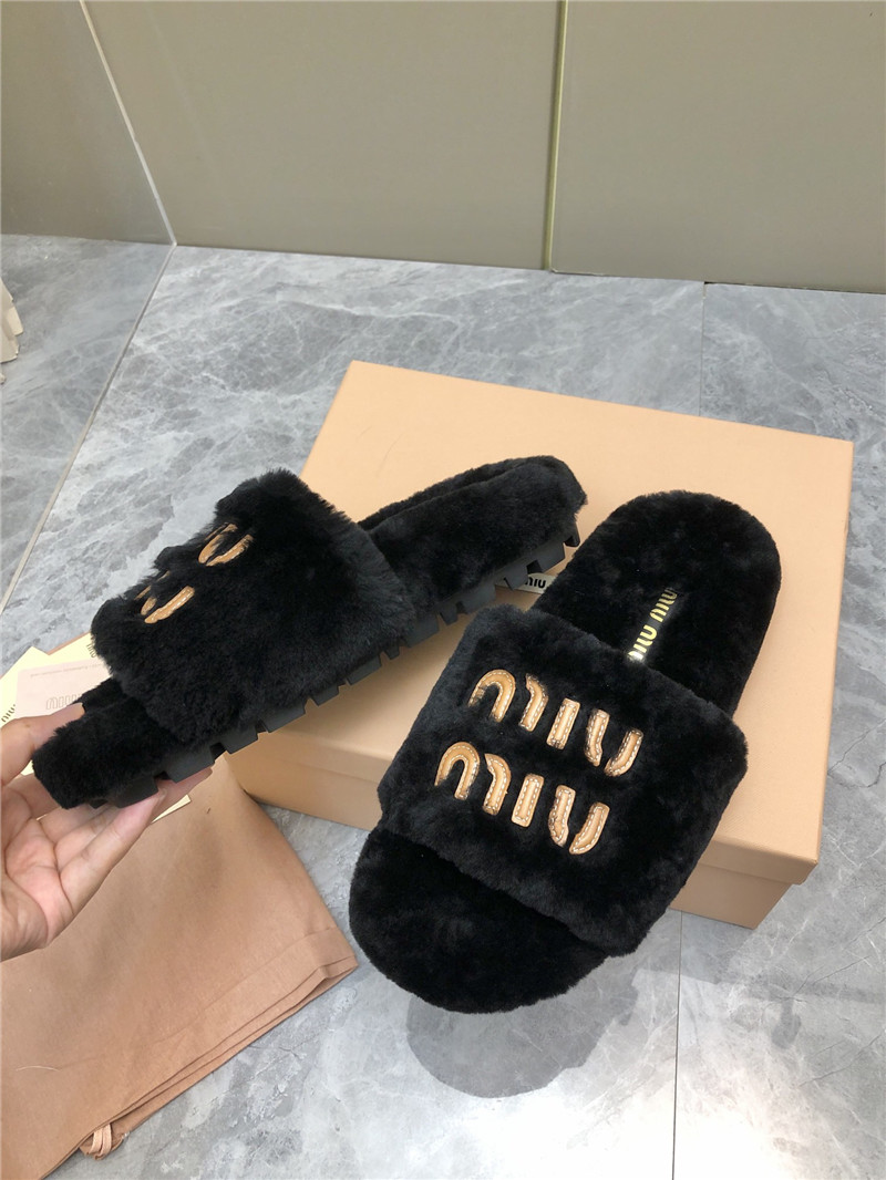 Miu Miu Lettering Logo Shearling Slides Black