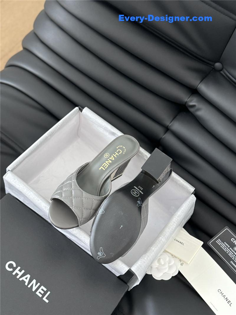 Ch**el grey lambskin quilted open toe mary jane mules