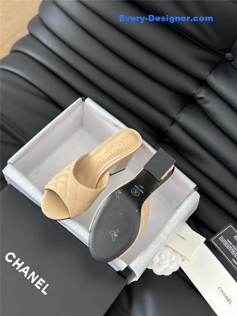 Ch**el beige lambskin quilted open toe mary jane mules