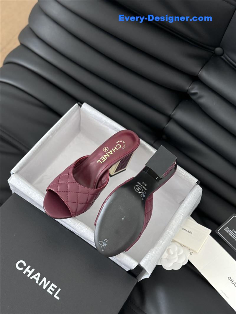 Ch**el burgundy lambskin quilted open toe mary jane mules