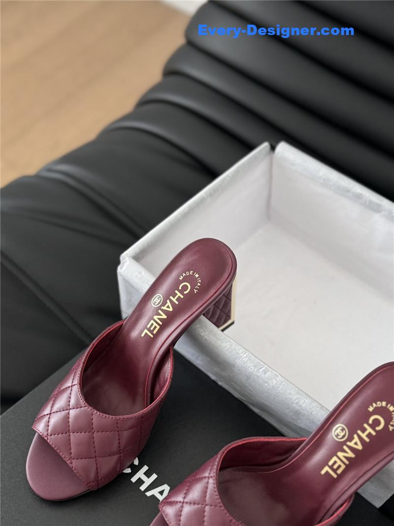 Ch**el burgundy lambskin quilted open toe mary jane mules