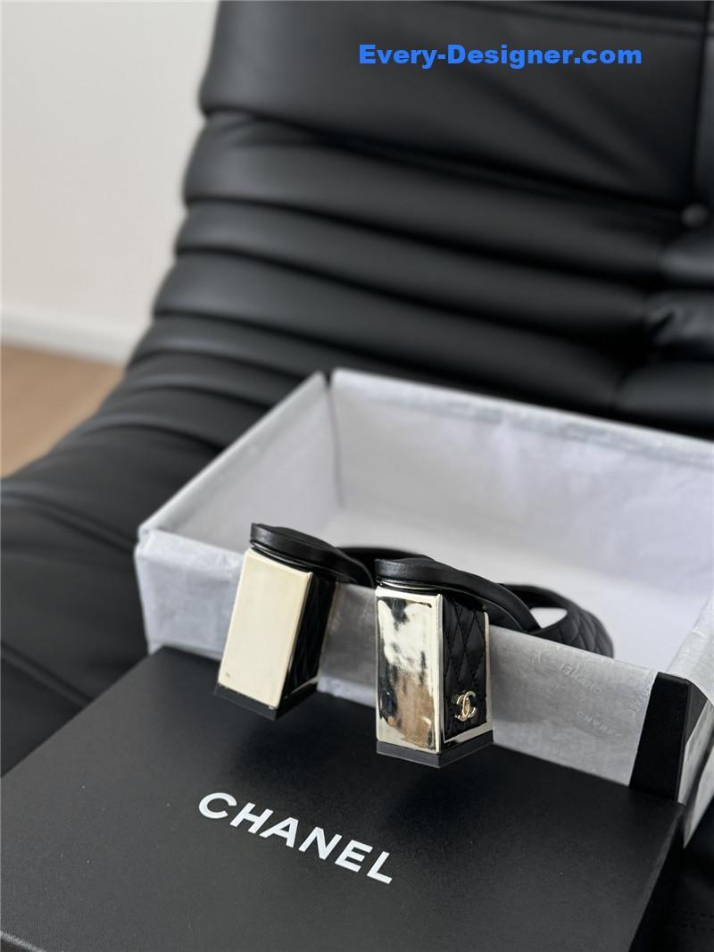 Ch**el black lambskin quilted open toe mary jane mules