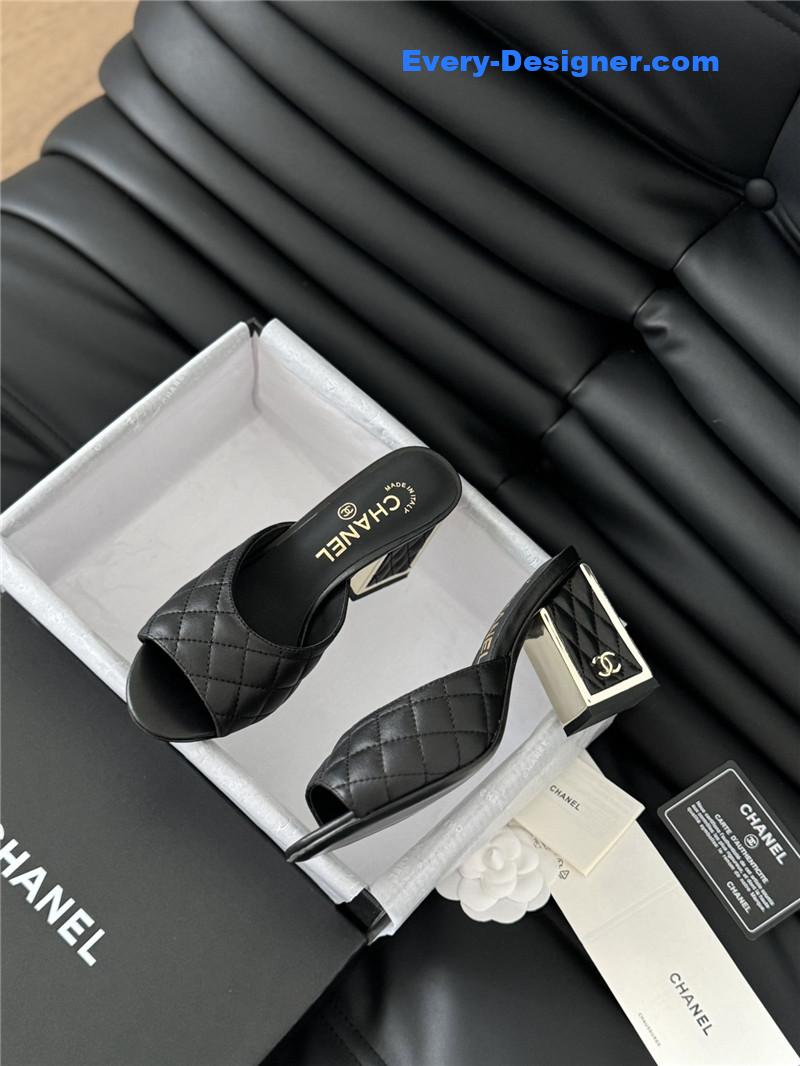 Ch**el black lambskin quilted open toe mary jane mules