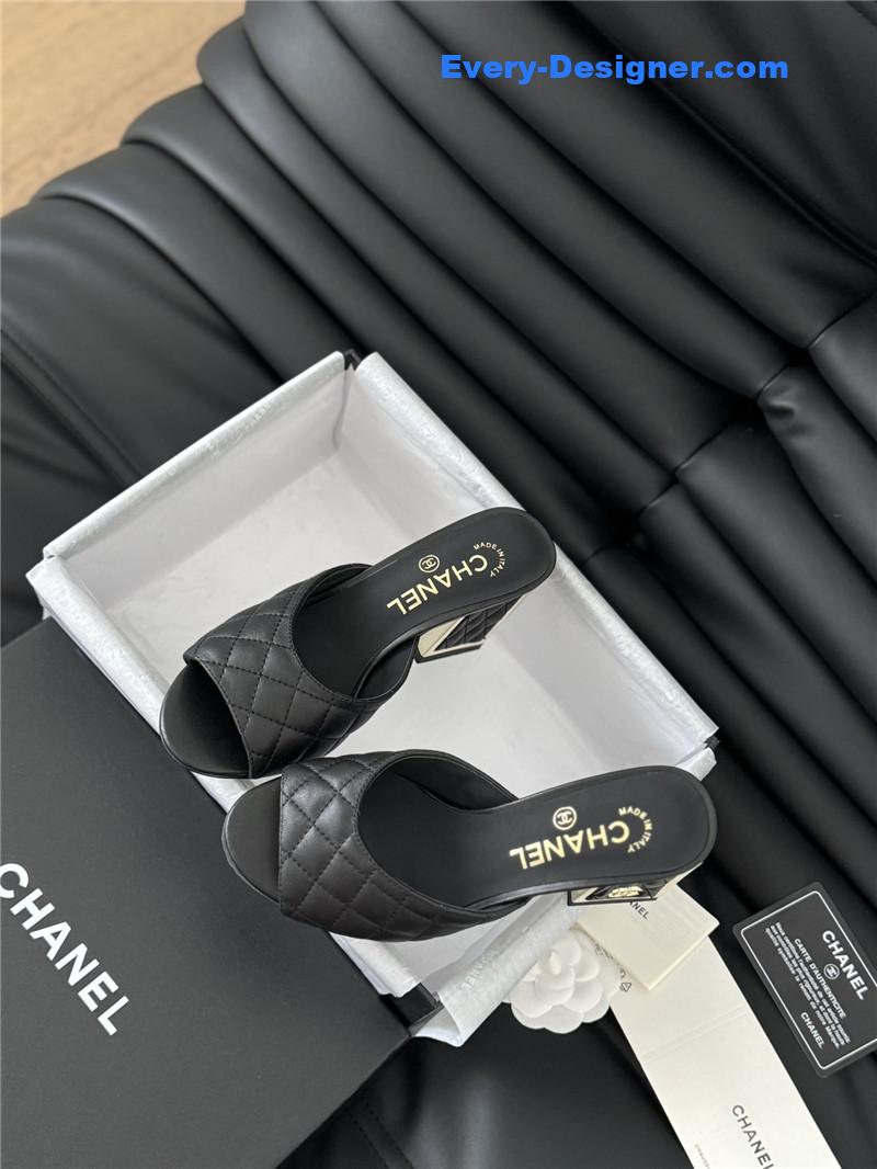 Ch**el black lambskin quilted open toe mary jane mules
