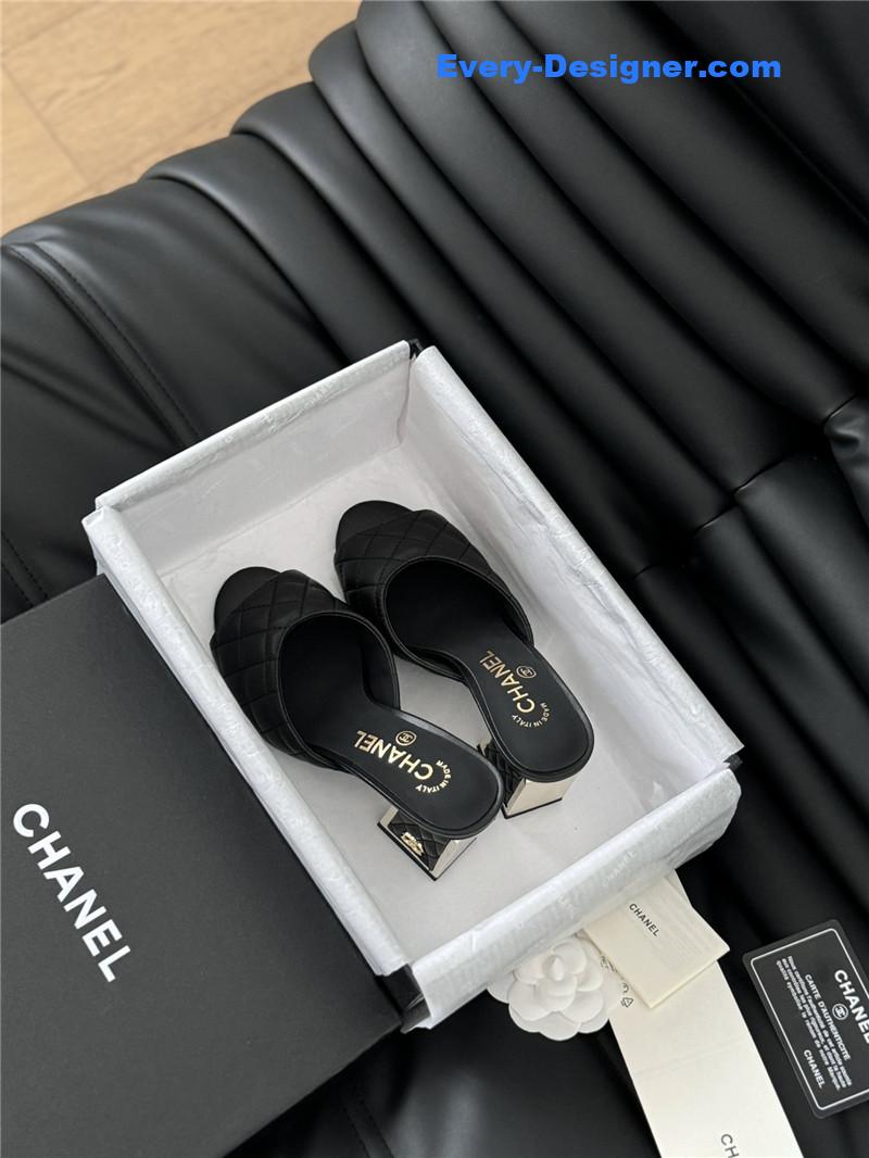 Ch**el black lambskin quilted open toe mary jane mules