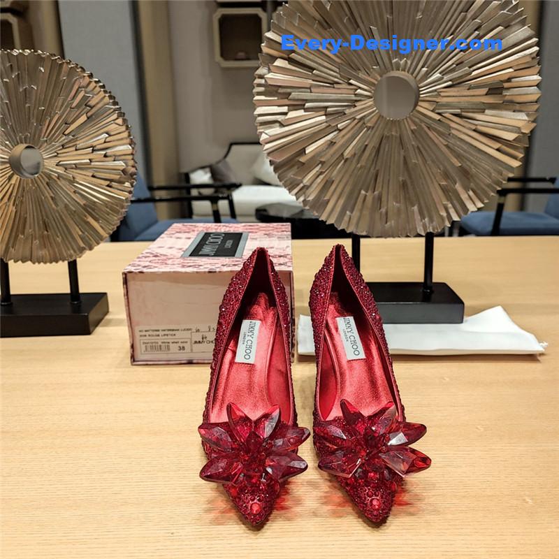 J1m*y Ch00 red crystal-covered pointy toe pumps