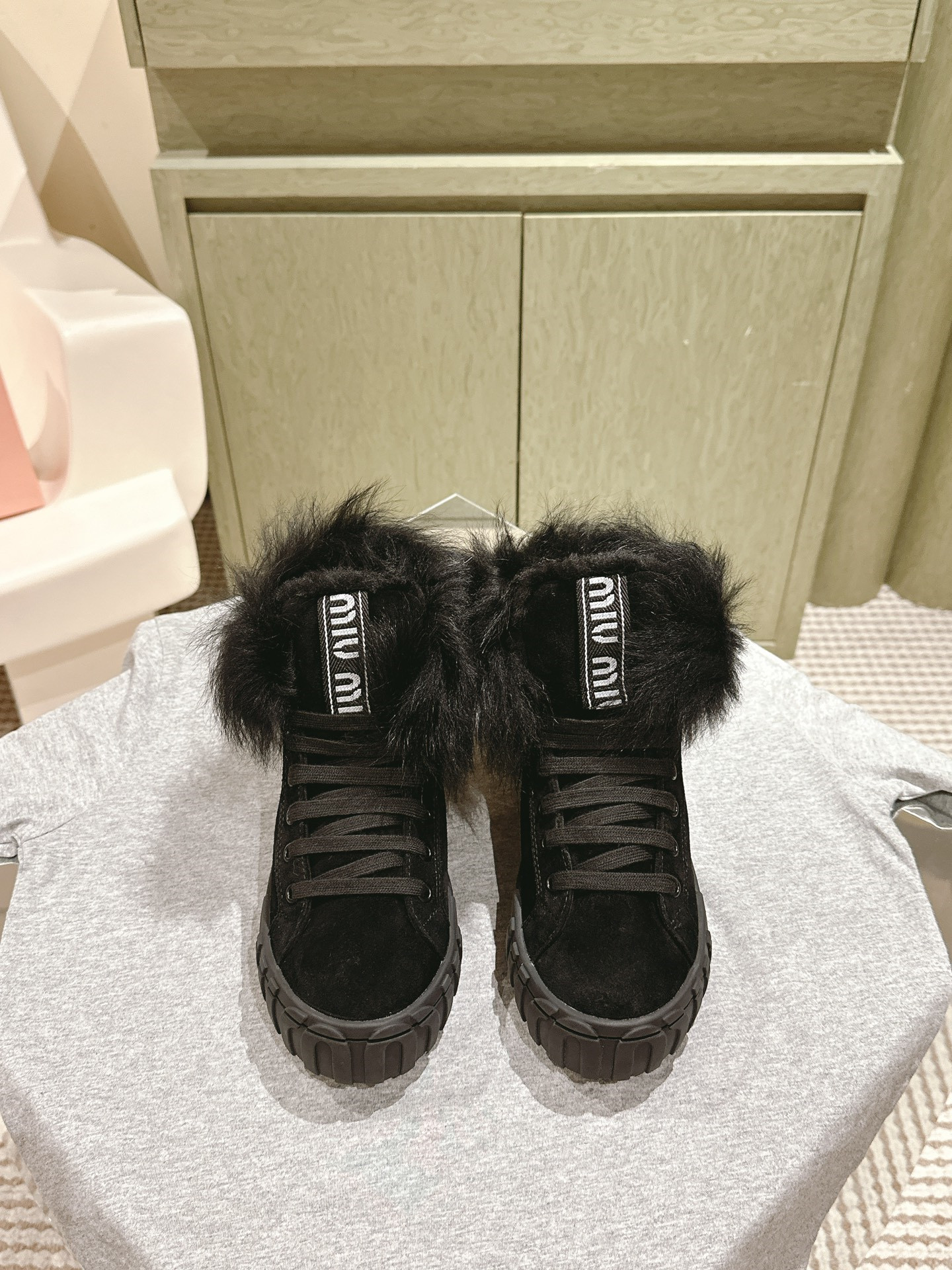 Miu Miu High-Top Black Shearling-Lined Sneakers