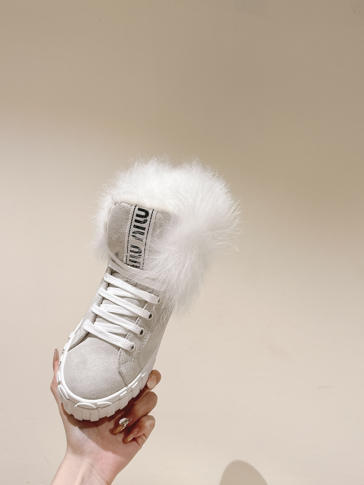 Miu Miu High Top Shearling-Lined Suede Sneakers Beige