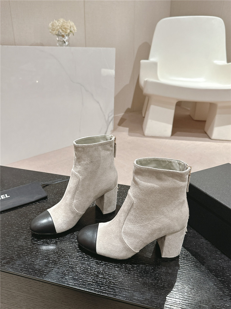 Ch**el beige suede calfskin block heel ankle boots