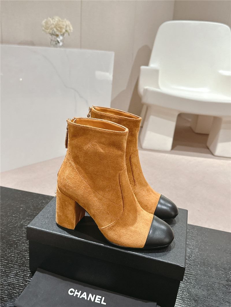 Ch**el brown suede calfskin block heel ankle boots