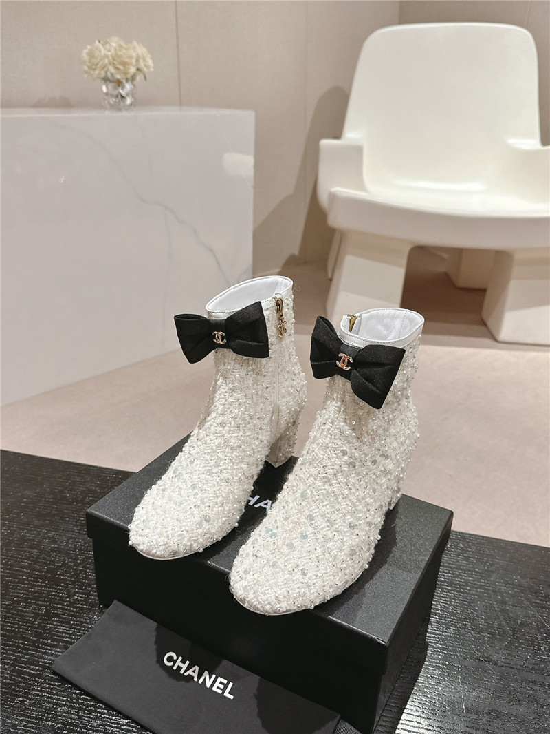 Ch**el white block heel sequin ankle boots