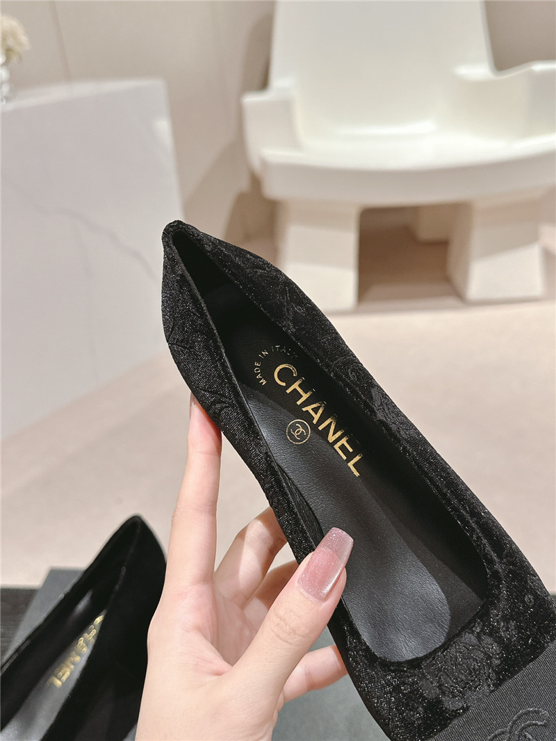 Ch**el ballet heel pumps in black floral print suede